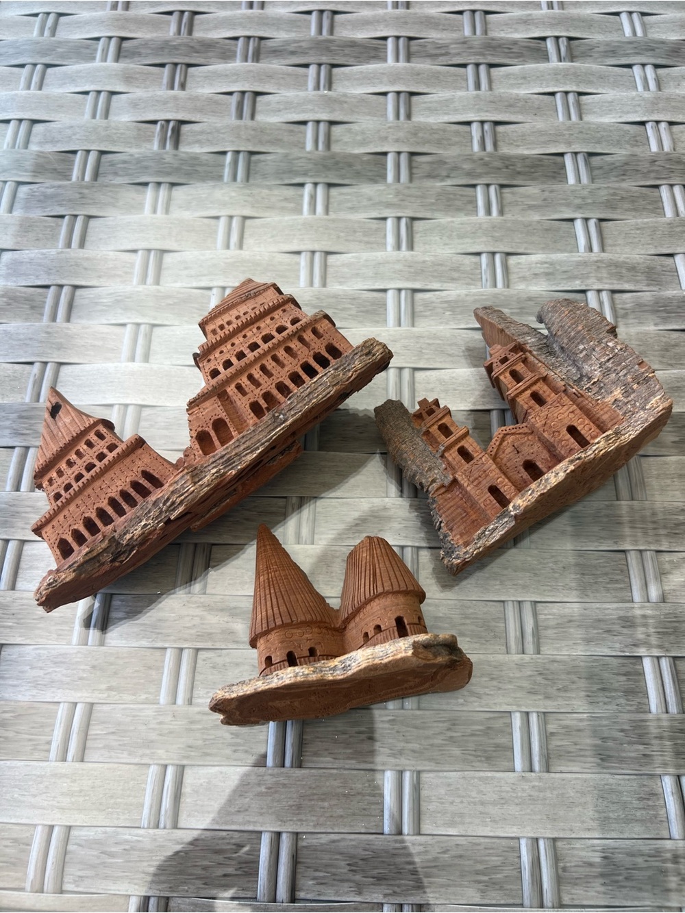 3 Vintage Folk Hand Carved Miniature Whimsical Village Houses Wood Fairy Gnome